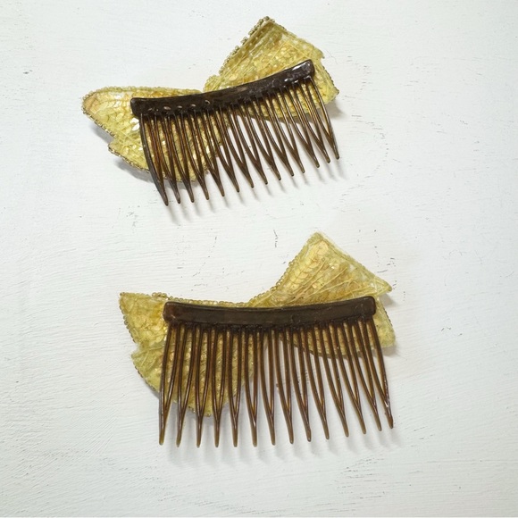 Set of Two Vintage Hair Brown Comb Gold Tone Beaded Sequin Bow - Picture 6 of 6